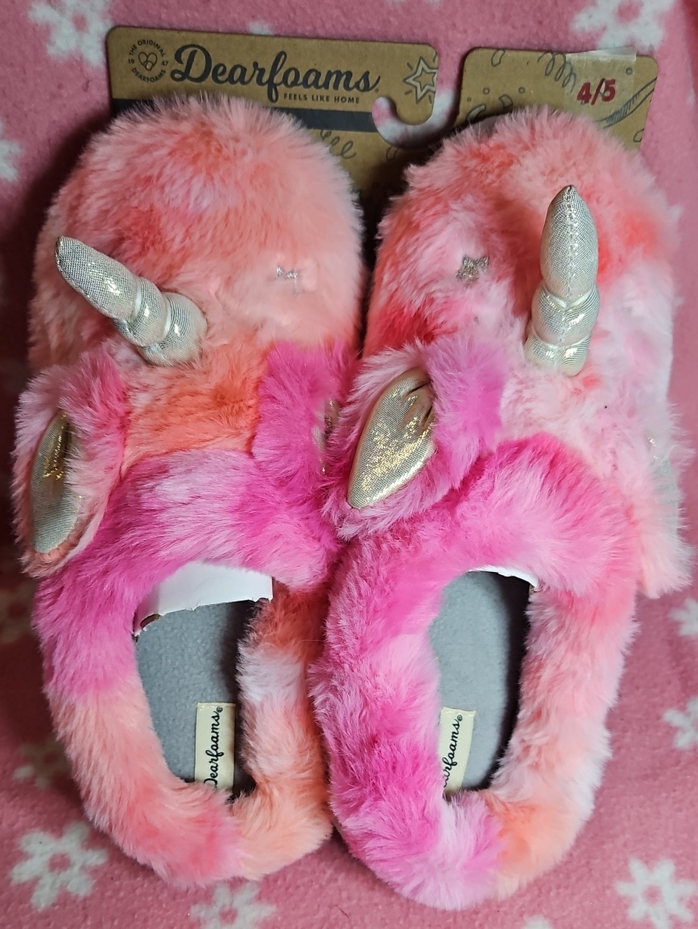 dearfoams Pink & Peach Unicorn Kids Slippers with Gold Horns